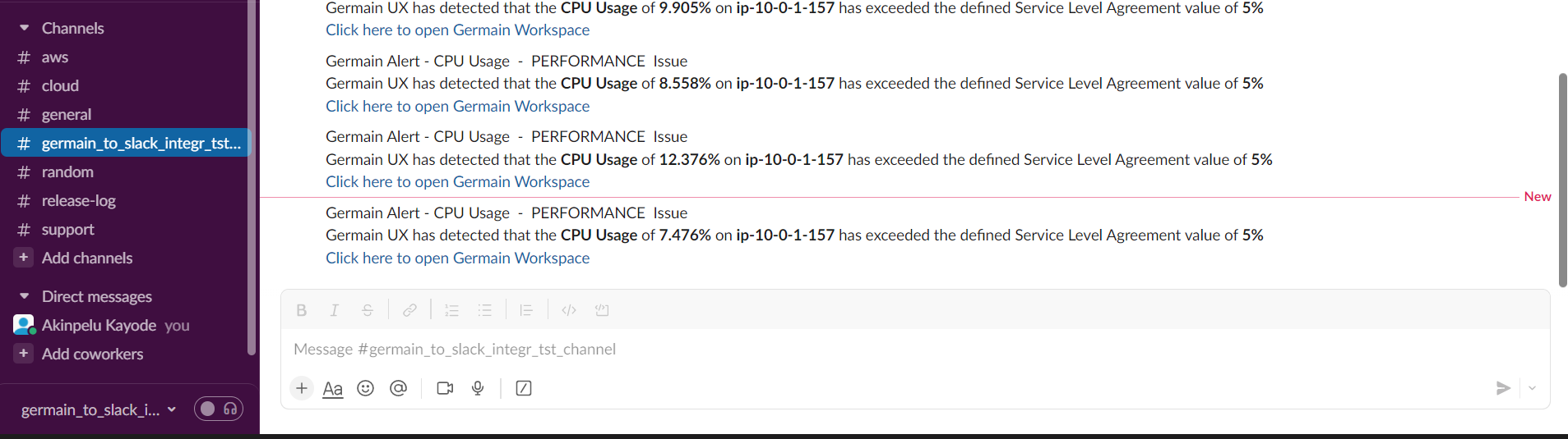 Example of Slack Integration for GermainUX