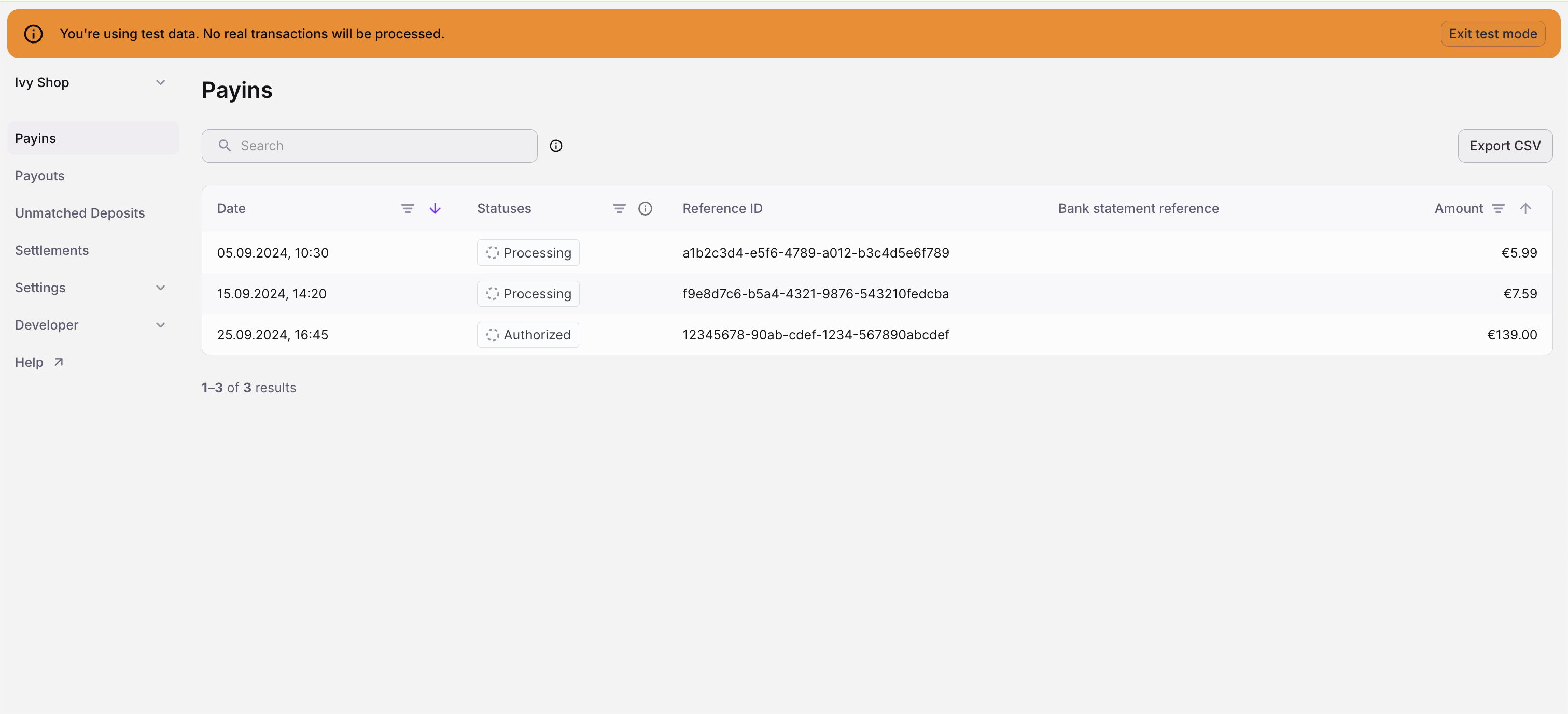 Ivy Dashboard showing Test Mode activated