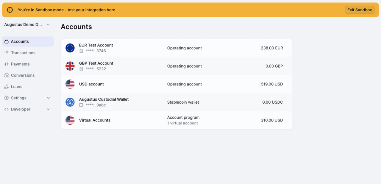 Augustus Sandbox Mode Accounts