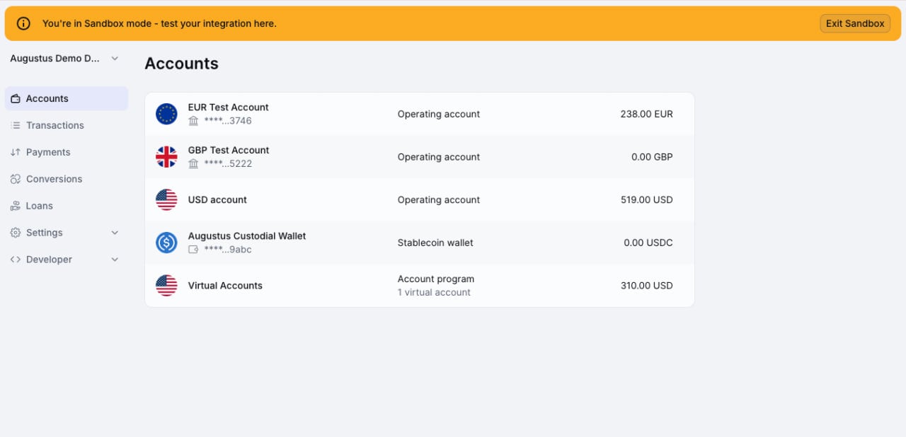 Augustus Sandbox Mode Accounts