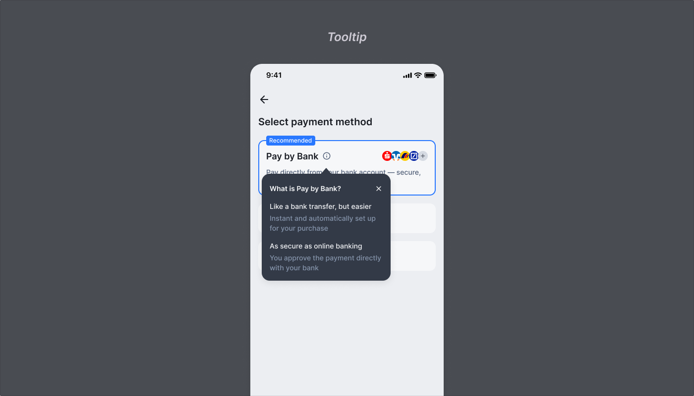 Ecommerce tooltip example showing payment information