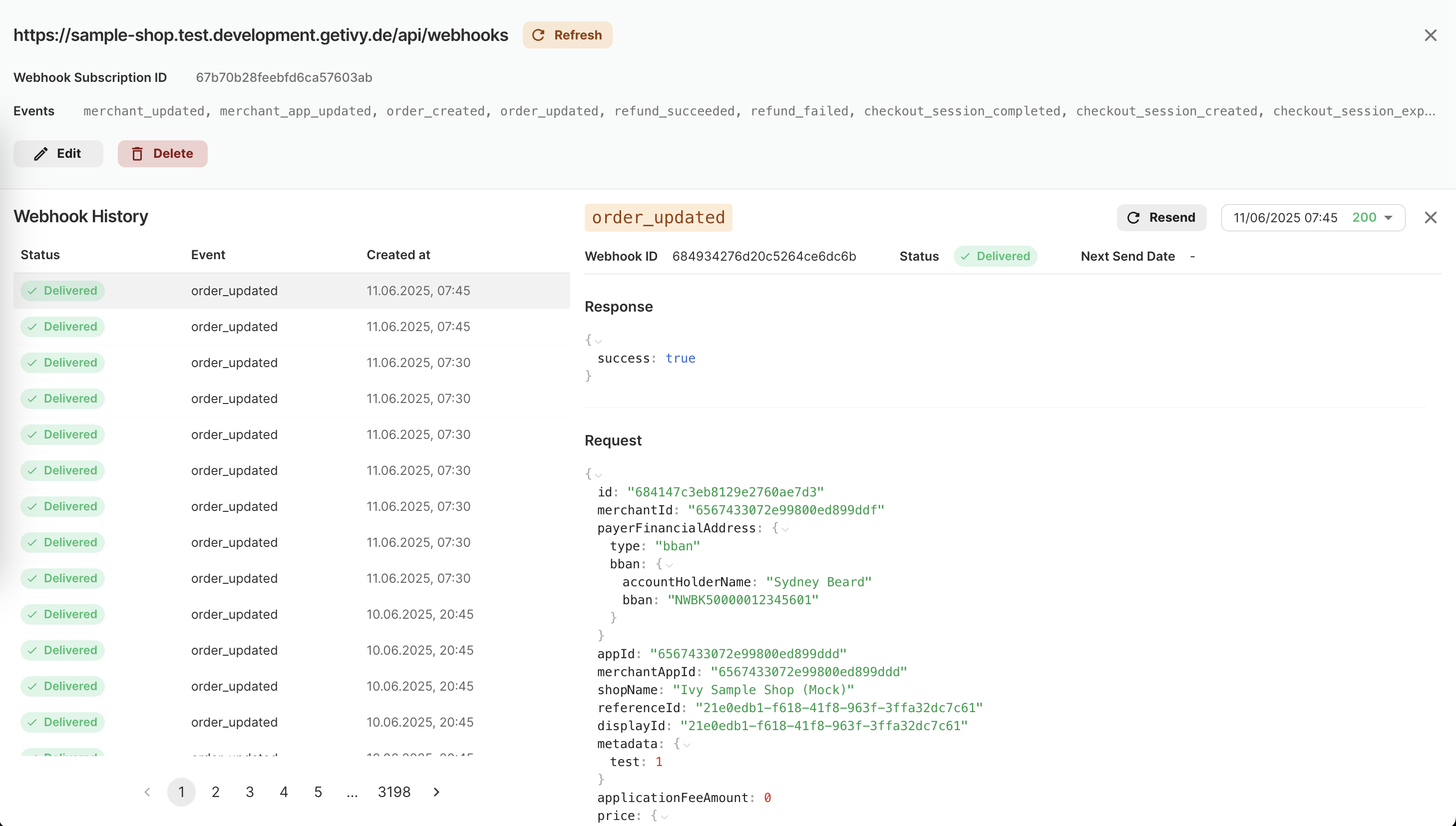 Ivy Dashboard Webhook Logs overview