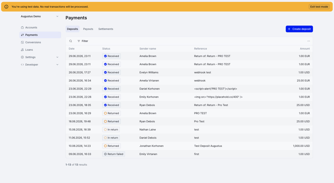 Augustus Sandbox Mode Test Transaction