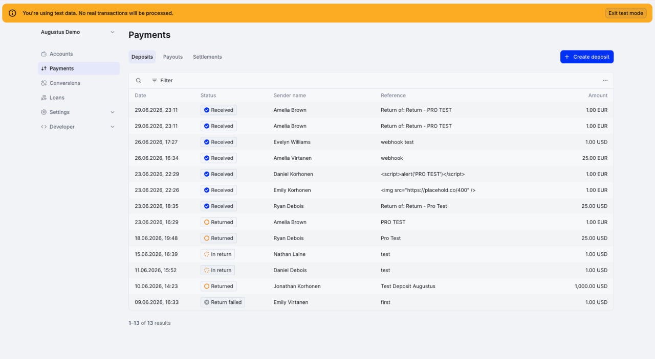Augustus Sandbox Mode Test Transaction