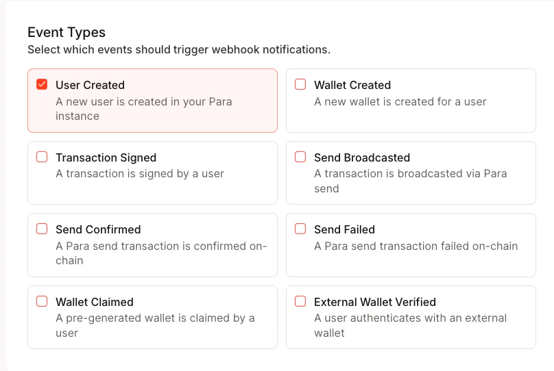 Webhook event type selection in the Developer Portal