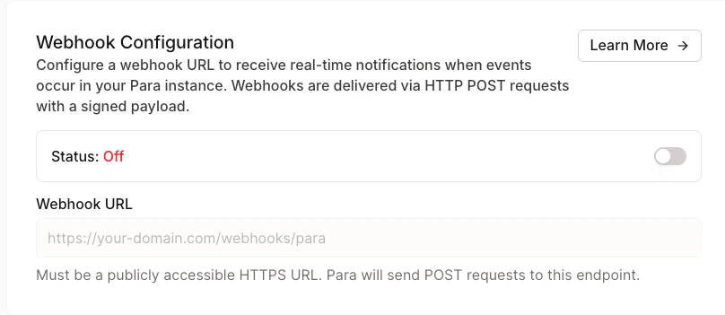 Webhook URL configuration in the Developer Portal