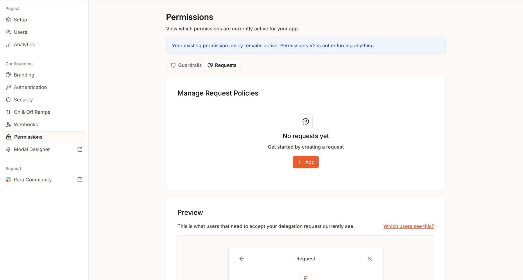 Developer Portal Permissions page with Guardrails and Requests tabs