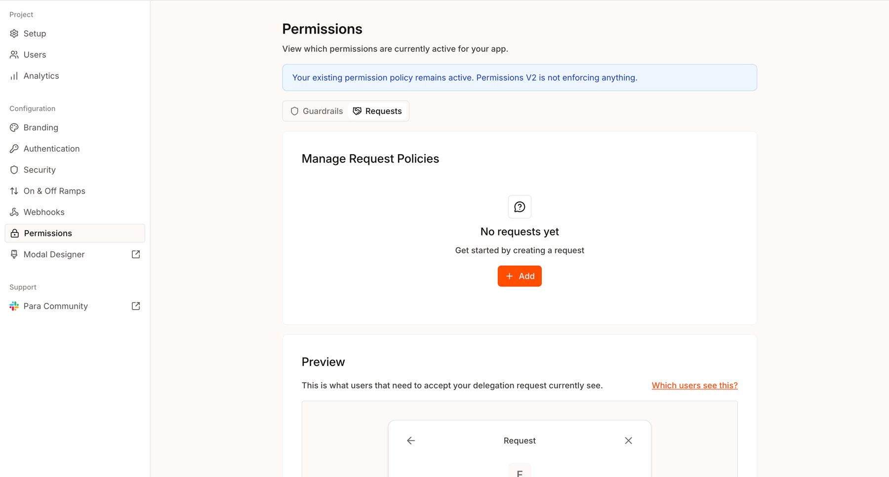 Developer Portal Permissions page with Guardrails and Requests tabs