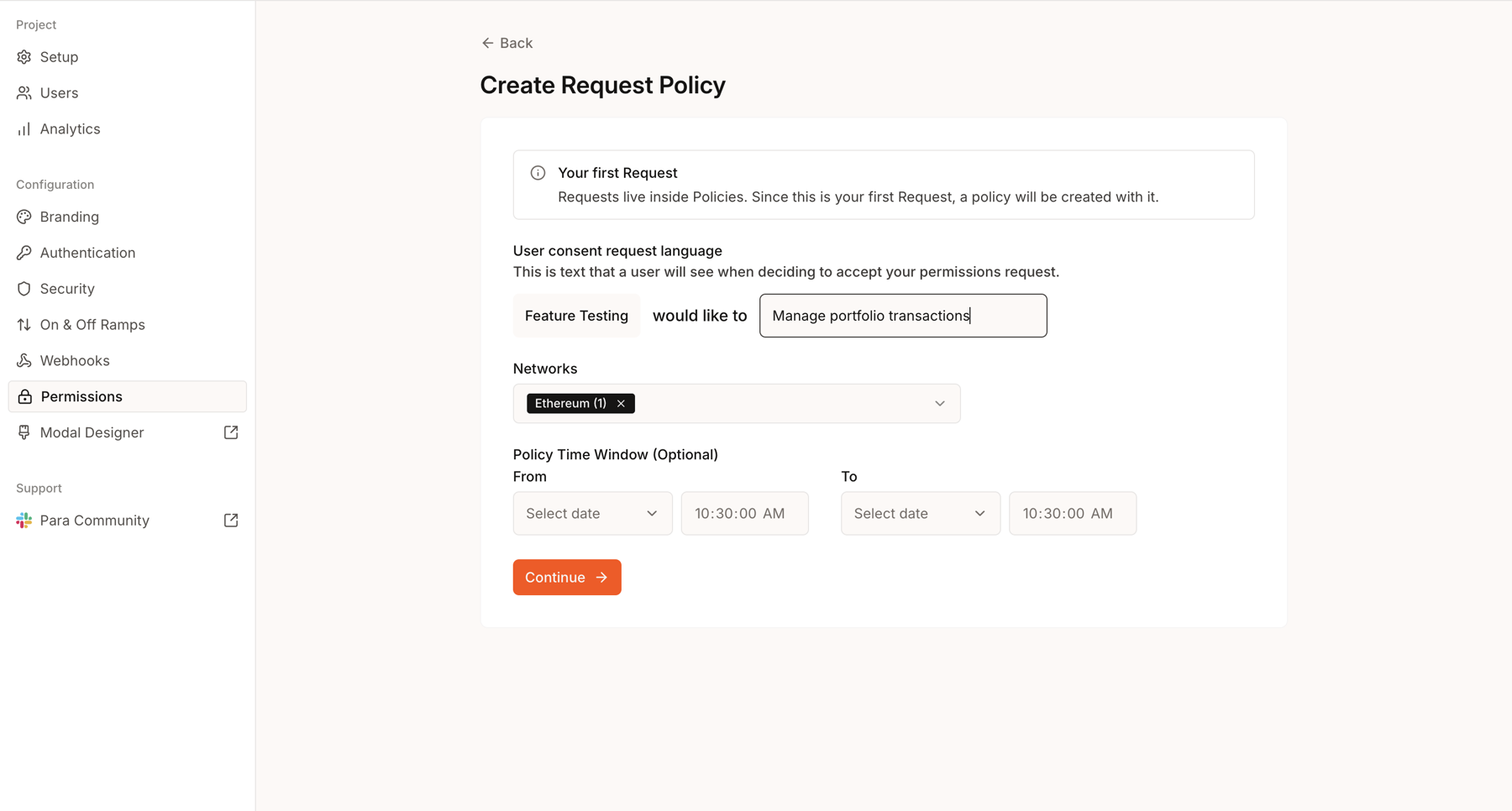 Create Request Policy form with consent language, network selector, and optional policy window