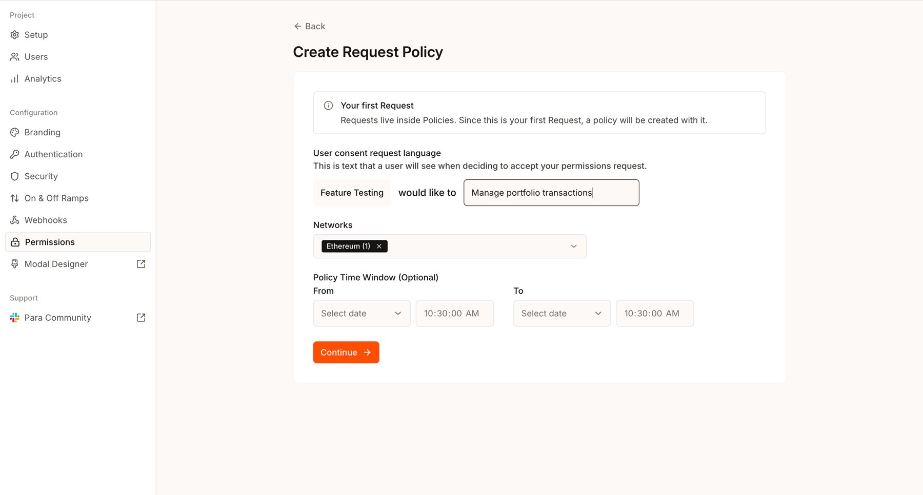 Create Request Policy form with consent language, network selector, and optional policy window