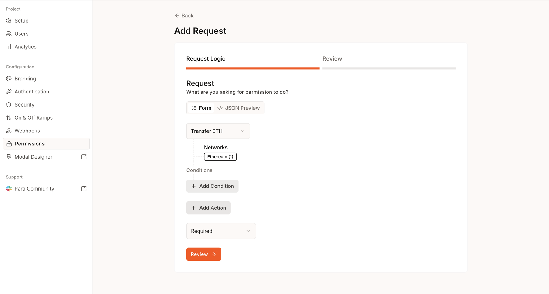 Request Logic step showing a transaction action, network, conditions, and required consent