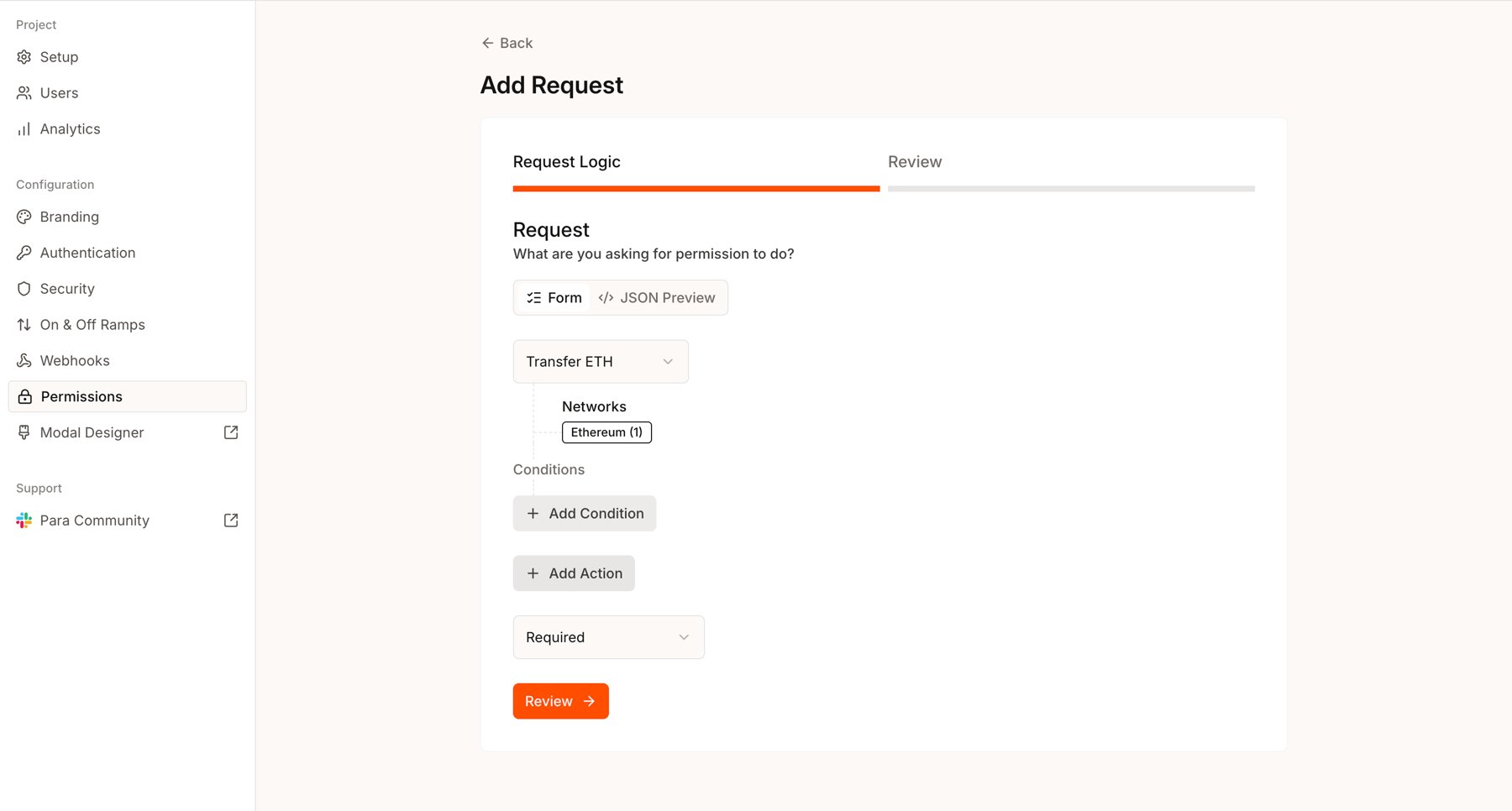Request Logic step showing a transaction action, network, conditions, and required consent