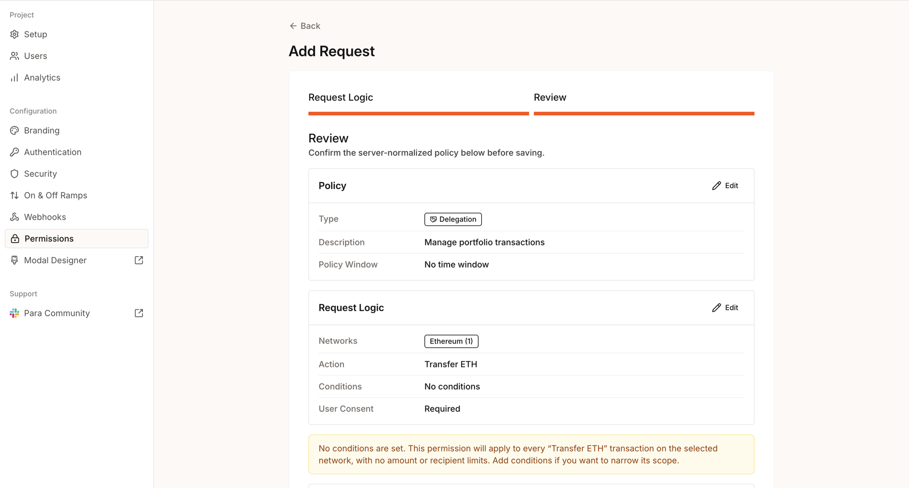 Review step summarizing the policy and warning that no conditions were configured