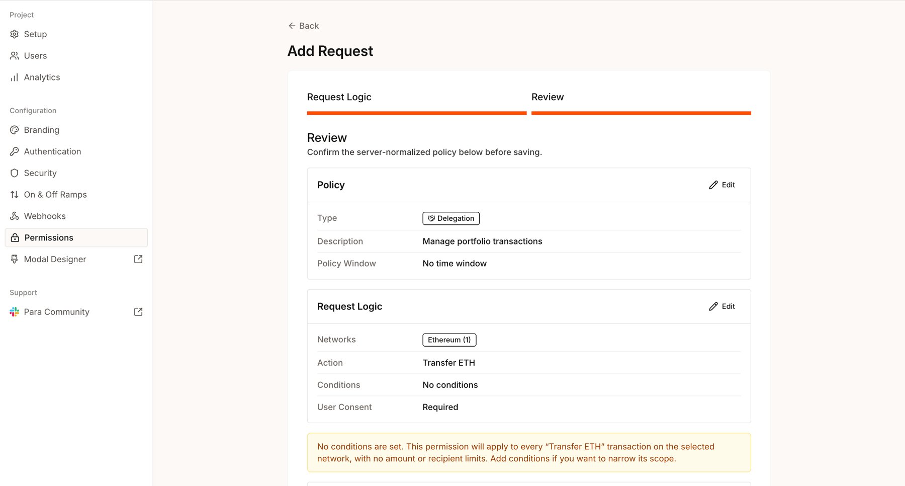 Review step summarizing the policy and warning that no conditions were configured