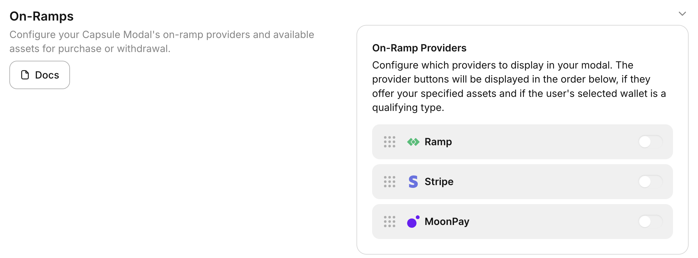 On-ramp providers configuration