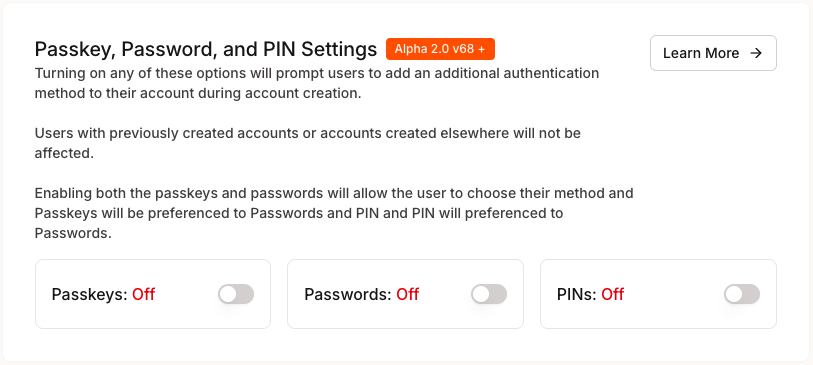 Developer Portal Passkey, Passwords, PINs Configuration