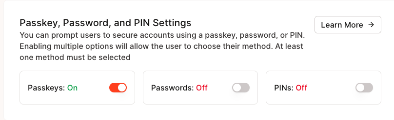 Developer Portal Passkey, Passwords, PINs Configuration