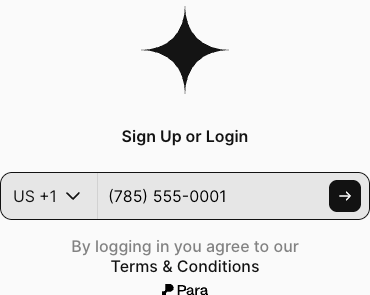 Para authentication modal showing test phone number (785) 555-0001
