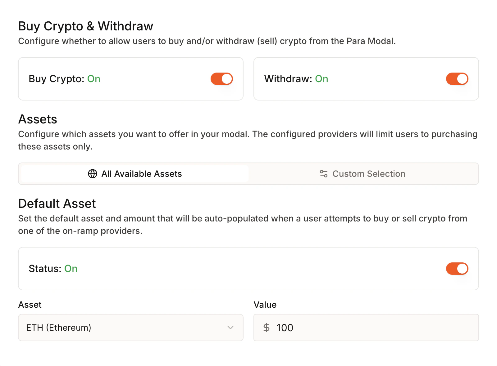 Developer Portal Buy Crypto & Withdraw Configuration
