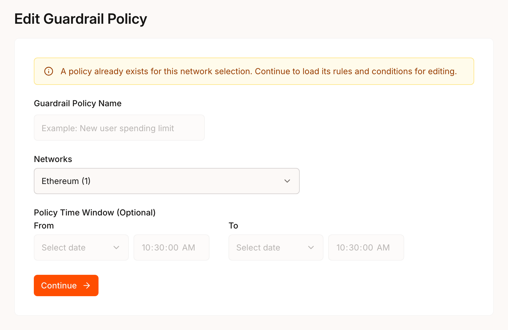 Developer Portal form titled Edit Guardrail Policy with the notice that a policy already exists for this network selection