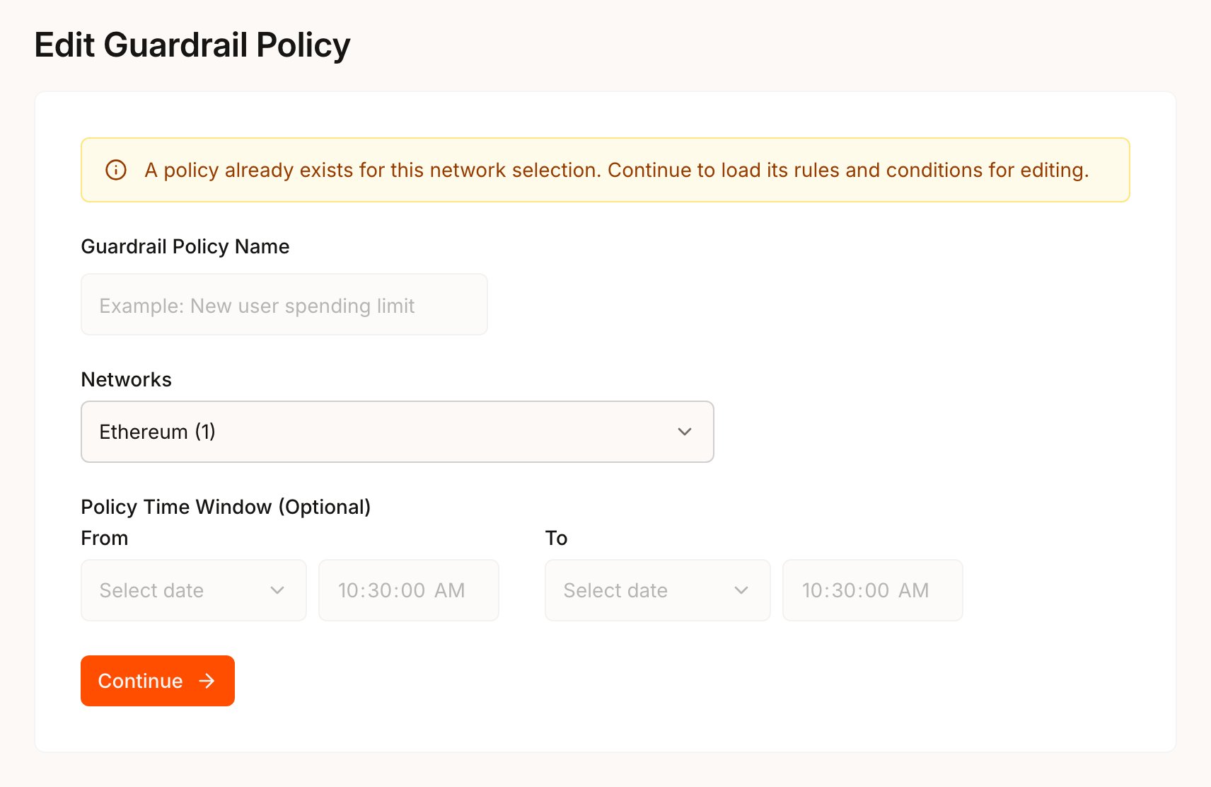Developer Portal form titled Edit Guardrail Policy with the notice that a policy already exists for this network selection