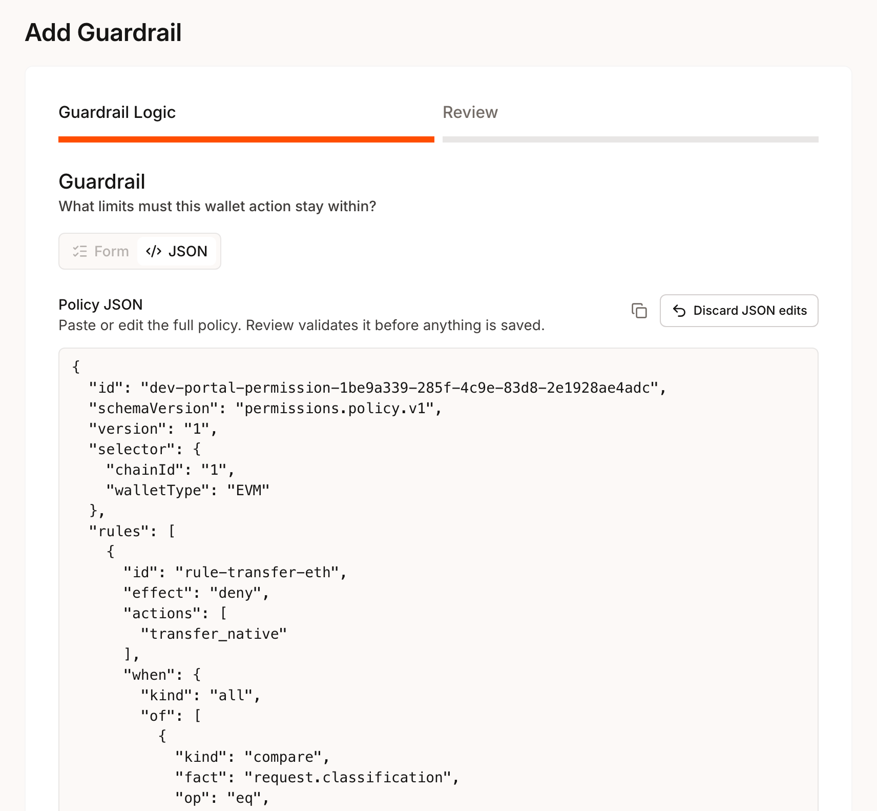 Policy JSON editor on the Guardrail Logic step with the Discard JSON edits button