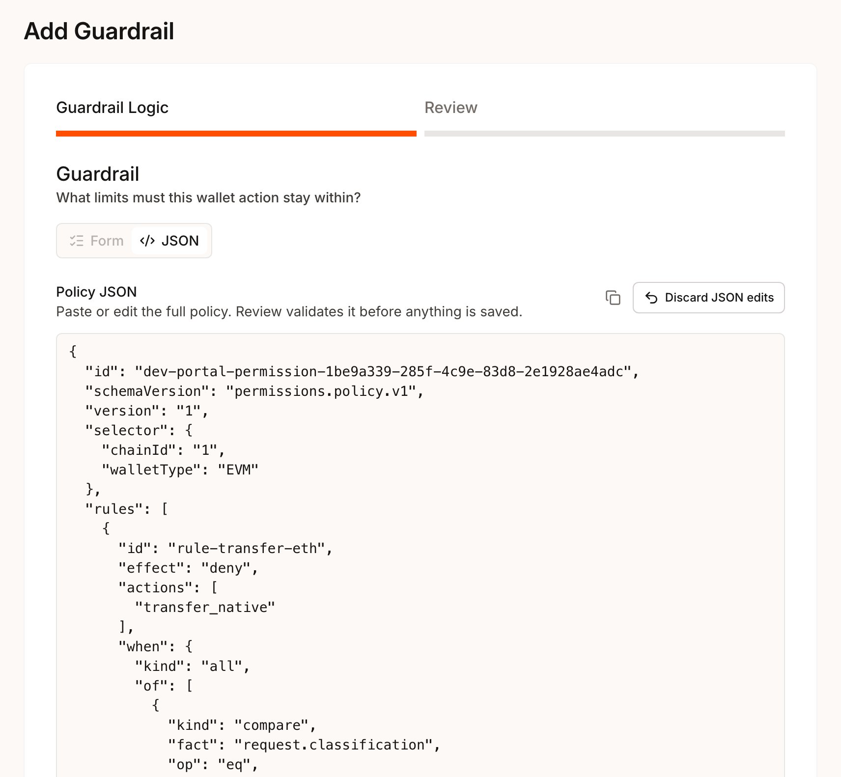 Policy JSON editor on the Guardrail Logic step with the Discard JSON edits button