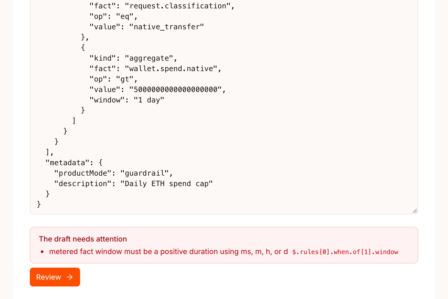 The draft needs attention box listing a validation error with its JSON path