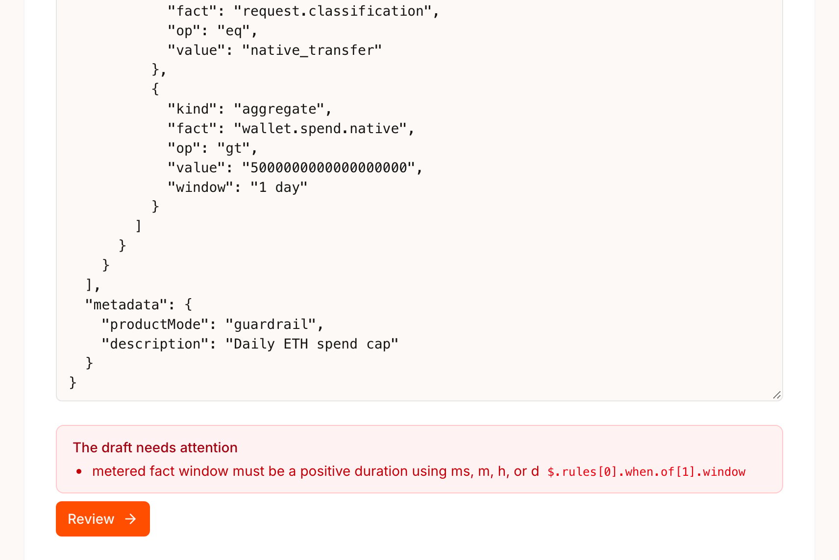 The draft needs attention box listing a validation error with its JSON path