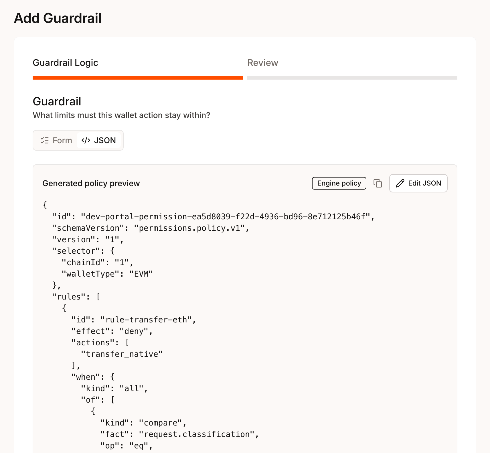 JSON tab on the Guardrail Logic step showing the generated policy preview, the Engine policy badge and the Edit JSON button