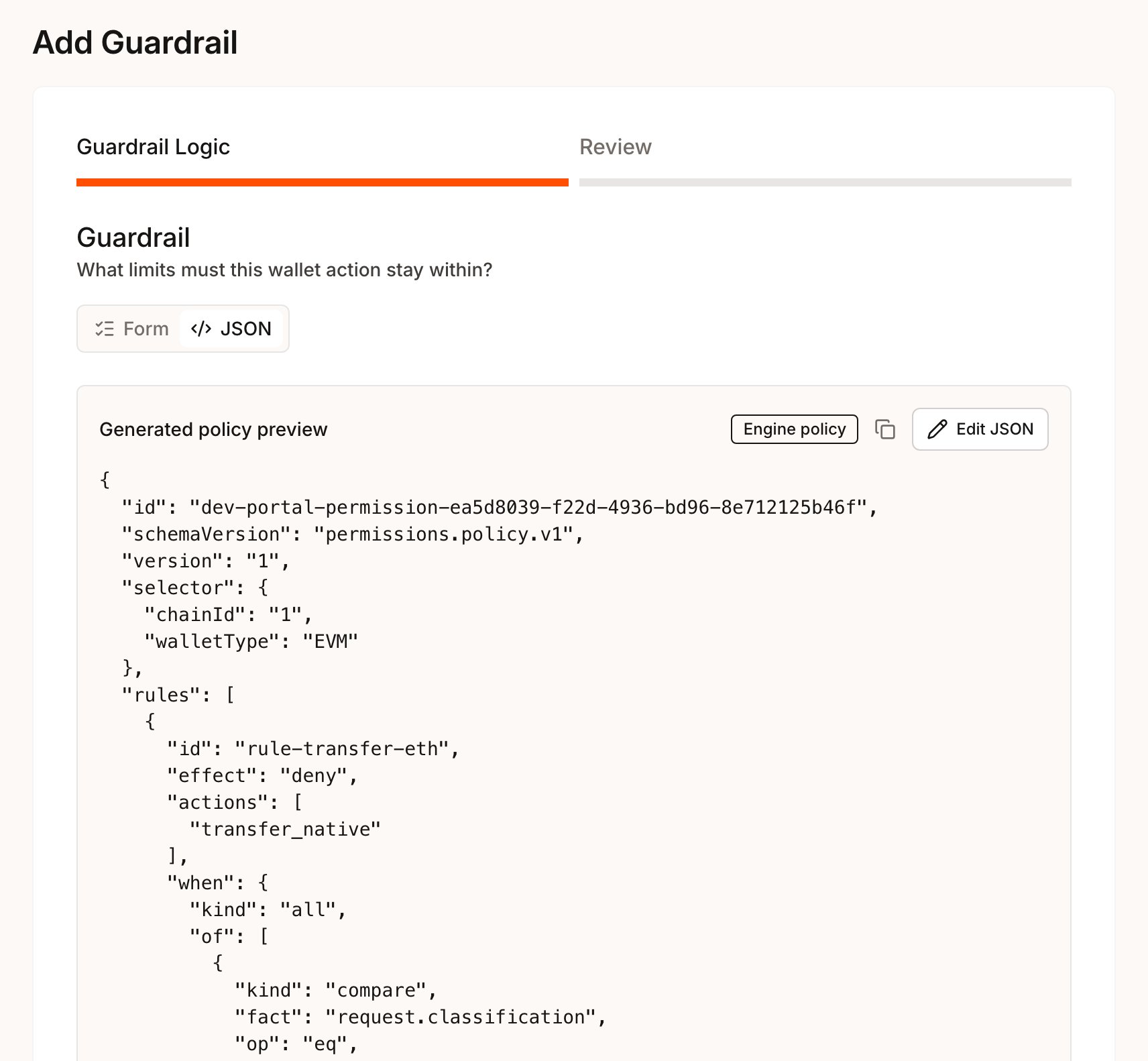 JSON tab on the Guardrail Logic step showing the generated policy preview, the Engine policy badge and the Edit JSON button