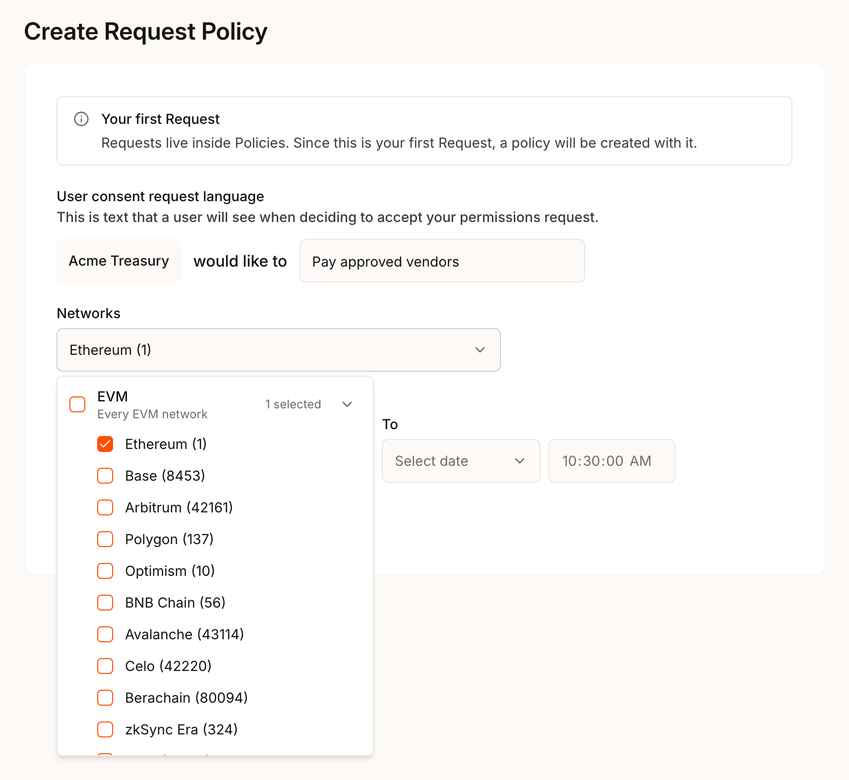 Create Request Policy screen with consent language entered and the Networks checklist open on the EVM group