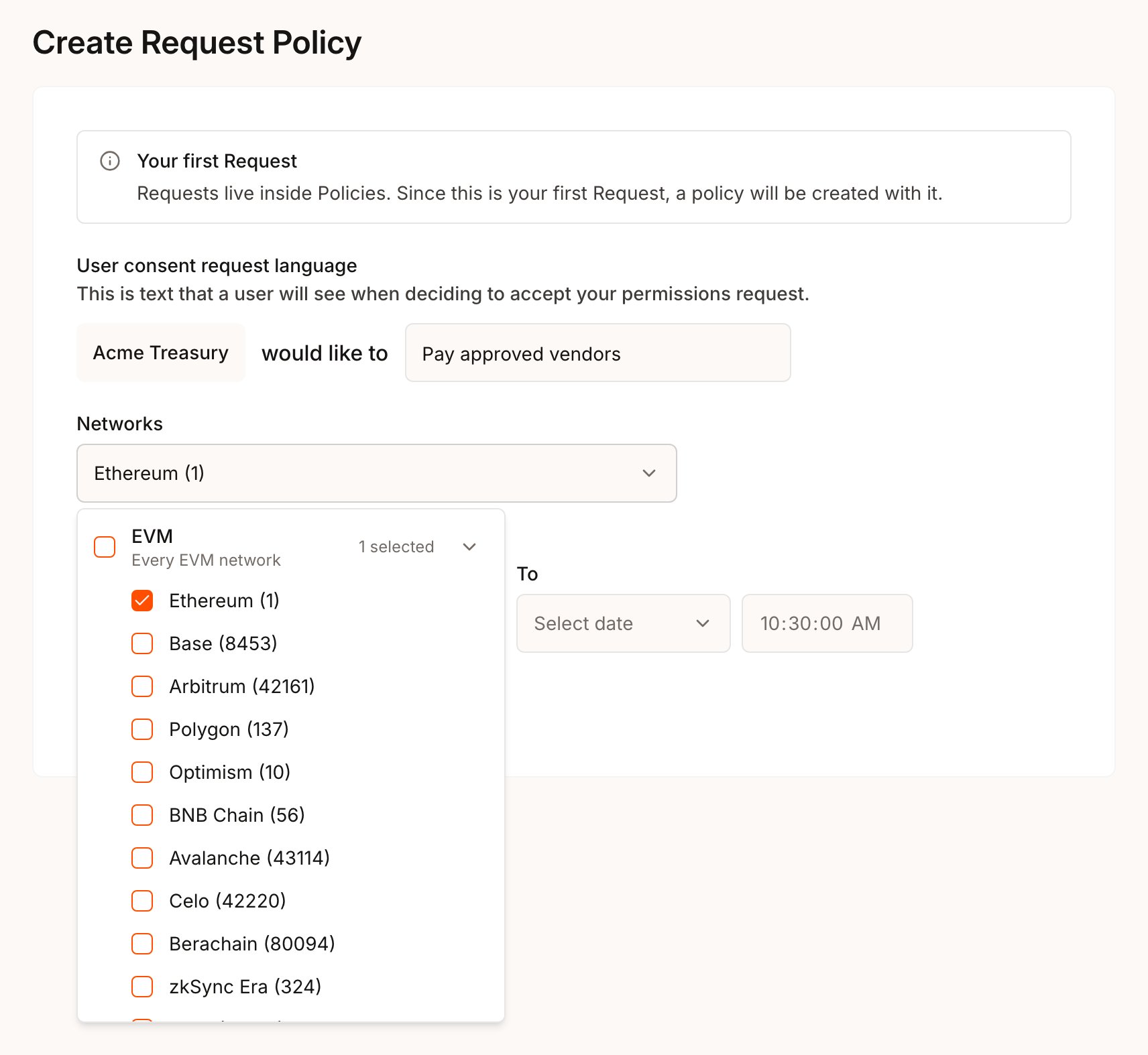 Create Request Policy screen with consent language entered and the Networks checklist open on the EVM group