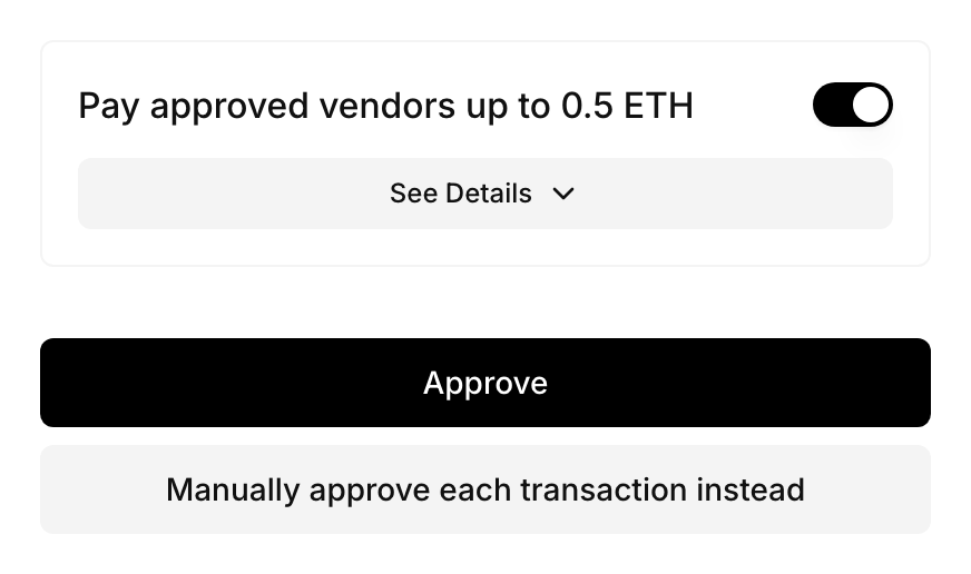 Portal consent screen asking the user to approve a permissions request, with Approve and Manually approve each transaction instead