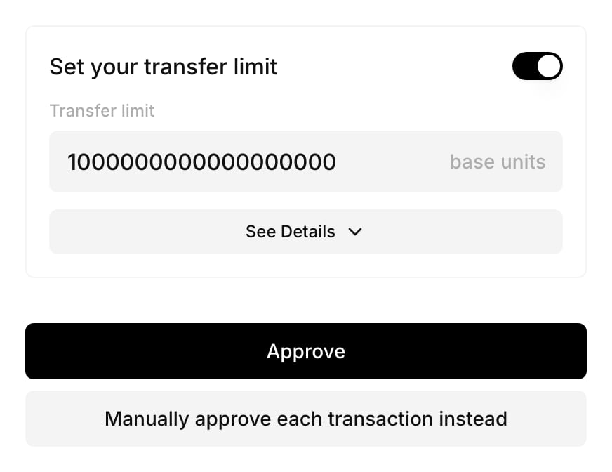 Para Portal consent screen for a Request with an input for a personal limit in base units