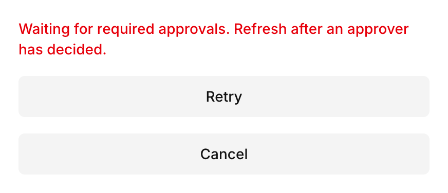 Para Portal transaction review showing Waiting for required approvals with Retry and Cancel