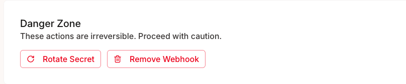 Webhook danger zone with rotate and delete options