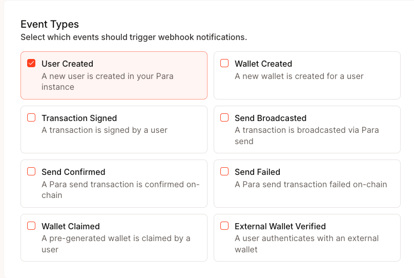 Webhook event type selection in the Developer Portal