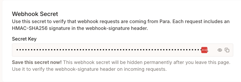Webhook secret displayed after initial configuration