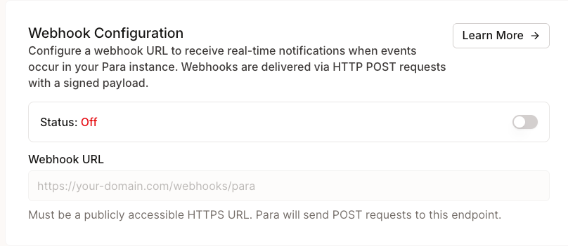 Webhook URL configuration in the Developer Portal