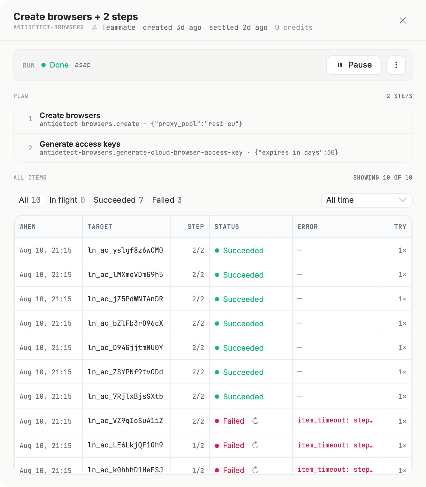 Mass action run detail showing a two-step plan and a per-item table with succeeded and failed rows, error text and try counts