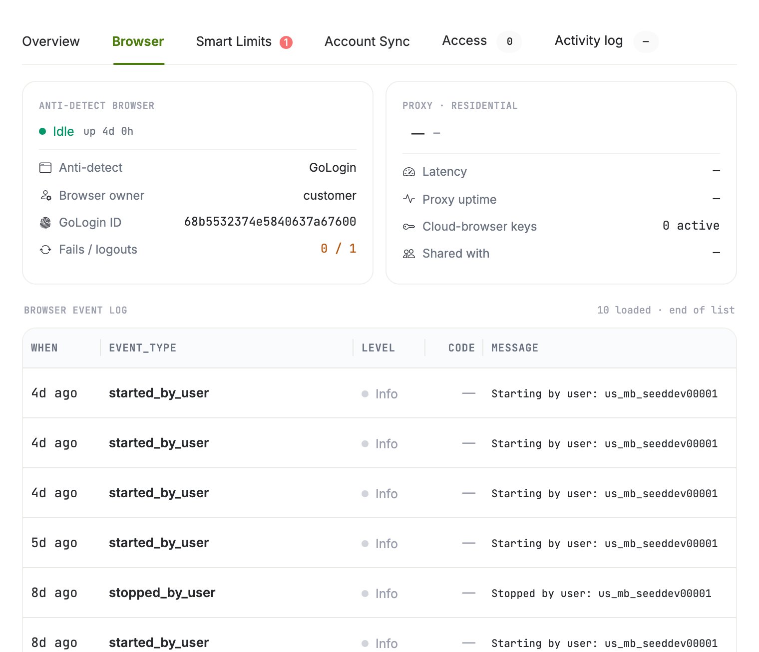Account drawer Browser tab showing the antidetect browser block, proxy block and browser event log
