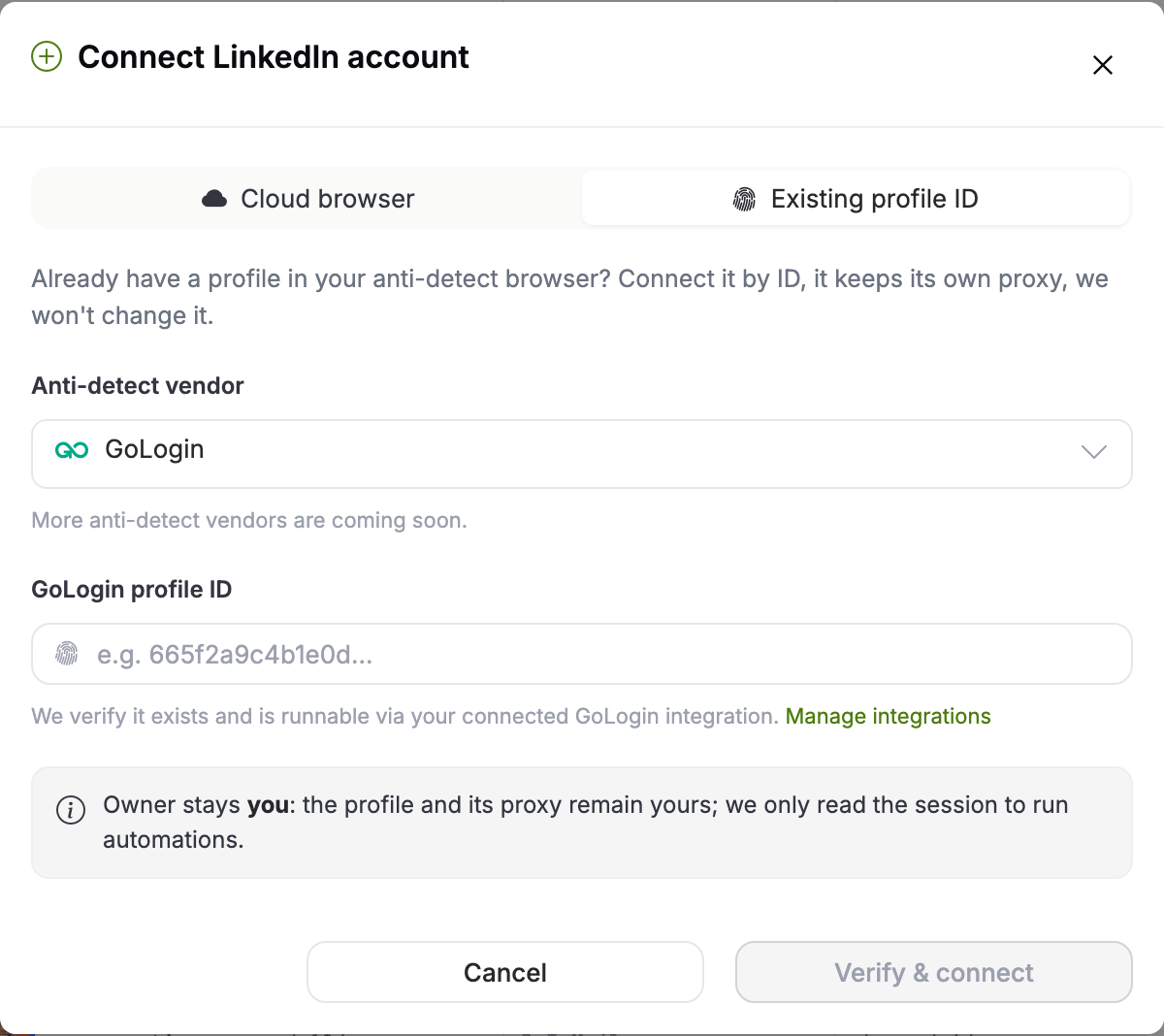 Connect LinkedIn account modal on the Existing profile ID tab with the GoLogin profile ID field