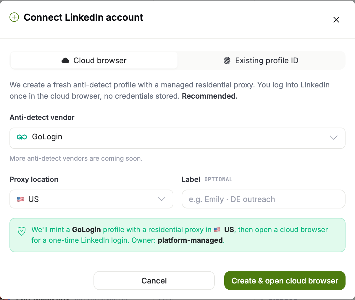 Connect LinkedIn account modal on the Cloud browser tab with vendor and proxy location fields