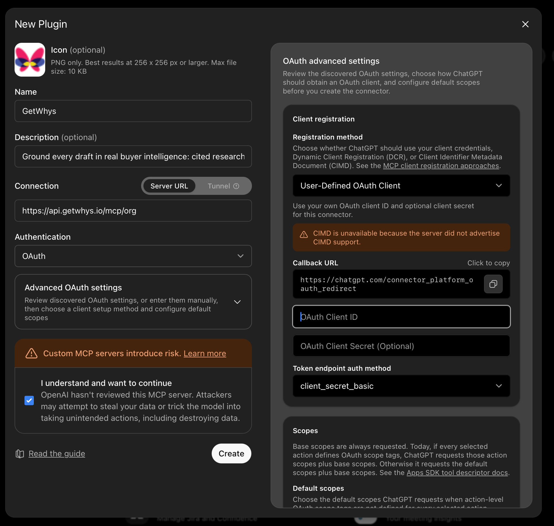 ChatGPT OAuth advanced settings with User-Defined OAuth Client and client_secret_basic selected