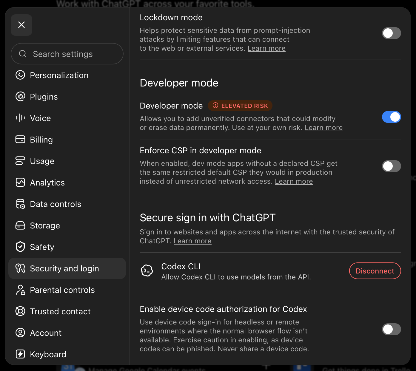 ChatGPT Security and login settings with the Developer mode toggle turned on