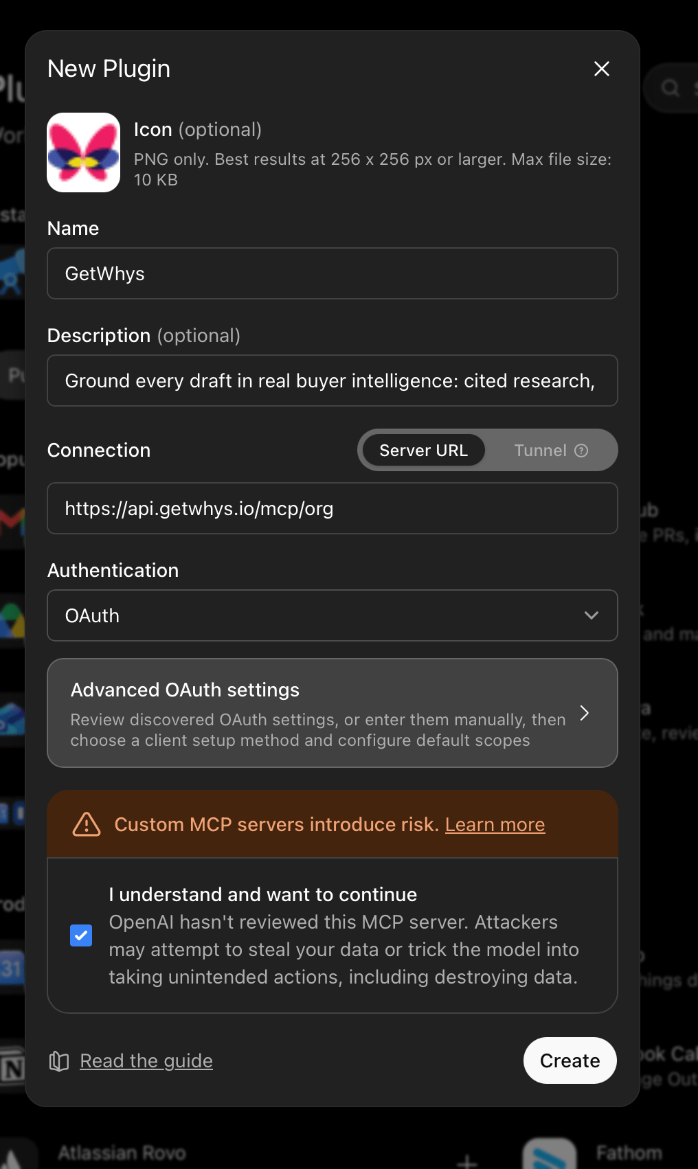 ChatGPT New Plugin form filled out for GetWhys with OAuth selected and Advanced OAuth settings visible