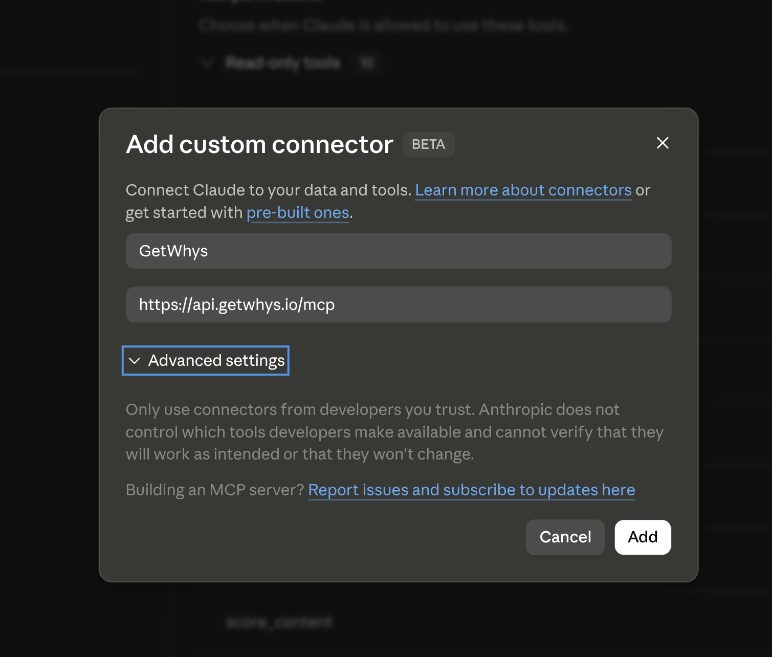 GetWhys MCP connector configuration in Claude.ai