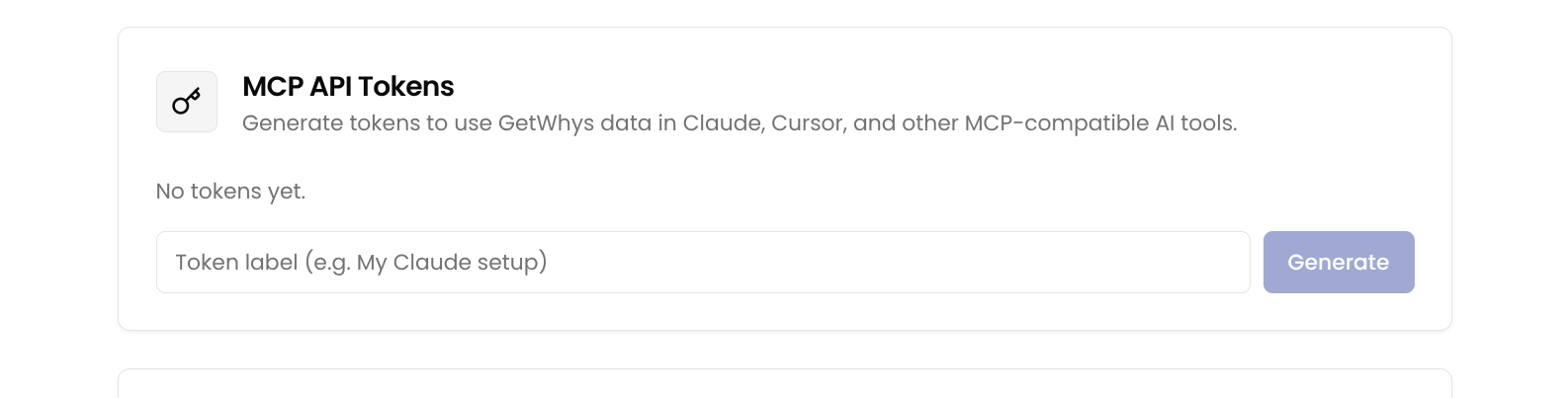MCP API Tokens card in GetWhys integration settings
