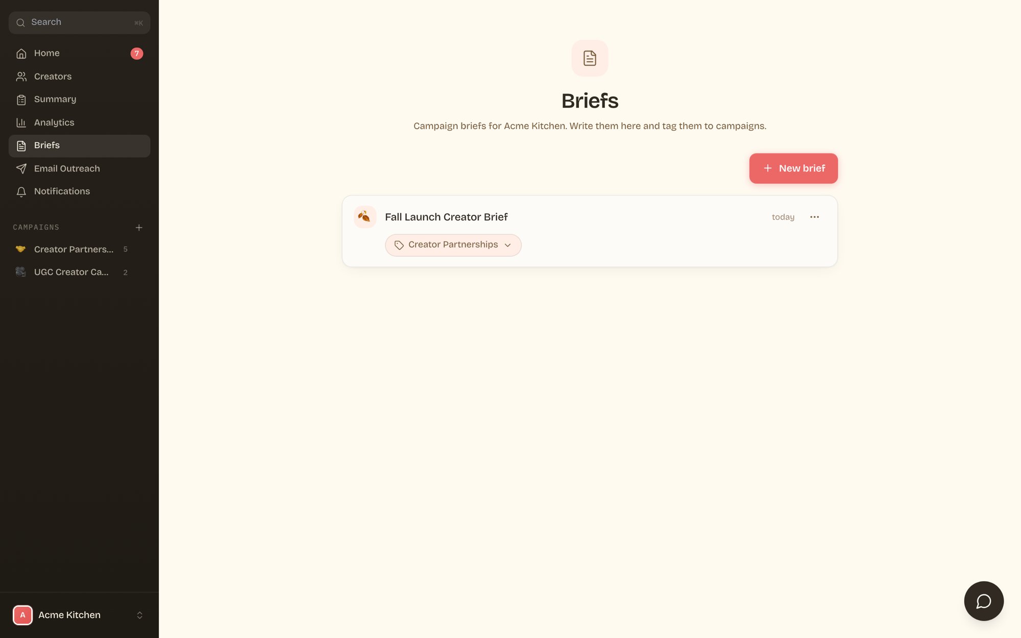 Briefs list with campaign tags